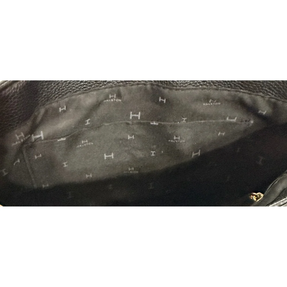 Halston Black Pebbled Faux Leather Crossbody Shoulder Bag Logo Strap Gold Tone